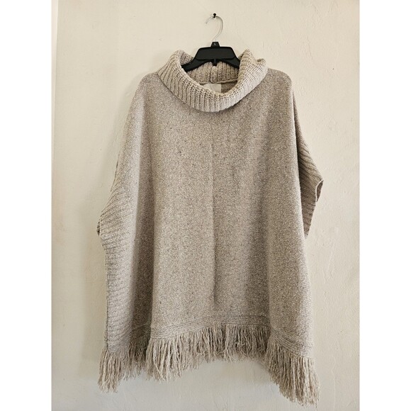JOIE Women Wool Blend Hatice Fringed Donegal Turtleneck Poncho Sweater Beige M/L - Picture 2 of 7